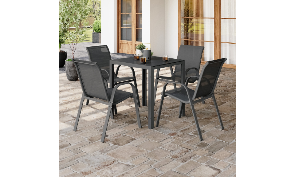Ensemble repas Minorca 4 places en textilène et verre trempé gris anthracite Ensemble repas Minorca 4 places en textilène et verre trempé gris anthracite
