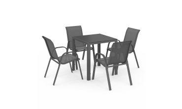 Ensemble repas Minorca 4 places en textilène et verre trempé gris anthracite Ensemble repas Minorca 4 places en textilène et verre trempé gris anthracite