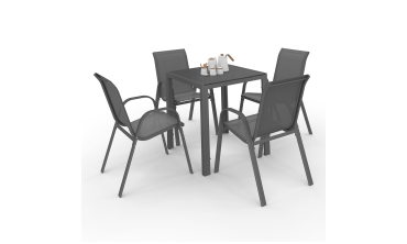 Ensemble repas Minorca 4 places en textilène et verre trempé gris anthracite Ensemble repas Minorca 4 places en textilène et verre trempé gris anthracite