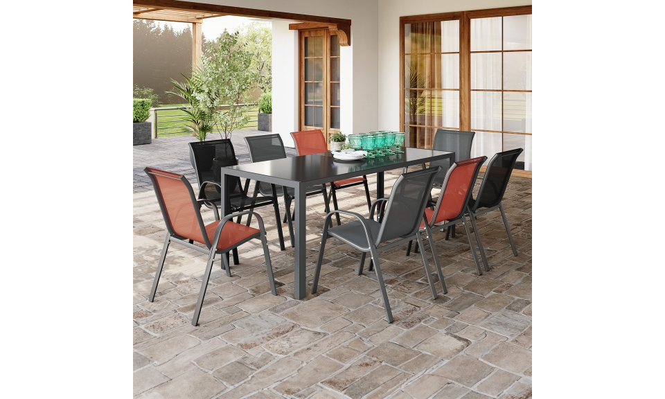 Ensemble repas Minorca 8 places en textilène et verre trempé gris Ensemble repas Minorca 8 places en textilène et verre trempé gris