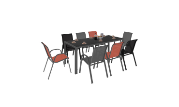 Ensemble repas Minorca 8 places en textilène et verre trempé gris, noir et terracotta Ensemble repas Minorca 8 places en textilène et verre trempé gris, noir et terracotta