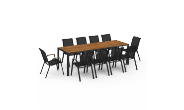 Ensemble repas Timbia 10 places noir et verre trempé effet bois Ensemble repas Timbia 10 places noir et verre trempé effet bois