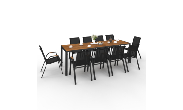 Ensemble repas Timbia 10 places noir et verre trempé effet bois Ensemble repas Timbia 10 places noir et verre trempé effet bois