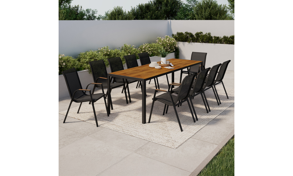 Ensemble repas Timbia 10 places noir et verre trempé effet bois Ensemble repas Timbia 10 places noir et verre trempé effet bois