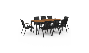 Ensemble repas Timbia 8 places noir et verre trempé effet bois Ensemble repas Timbia 8 places noir et verre trempé effet bois