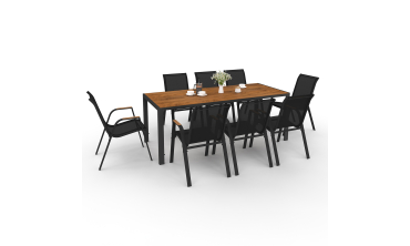Ensemble repas Timbia 8 places noir et verre trempé effet bois Ensemble repas Timbia 8 places noir et verre trempé effet bois