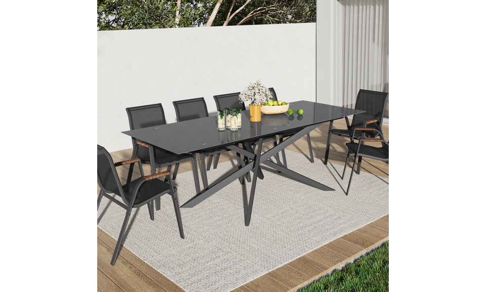 Table de jardin plateau en verre trempé noir et pieds croisés 240cm Table de jardin plateau en verre trempé noir et pieds croisés 240cm