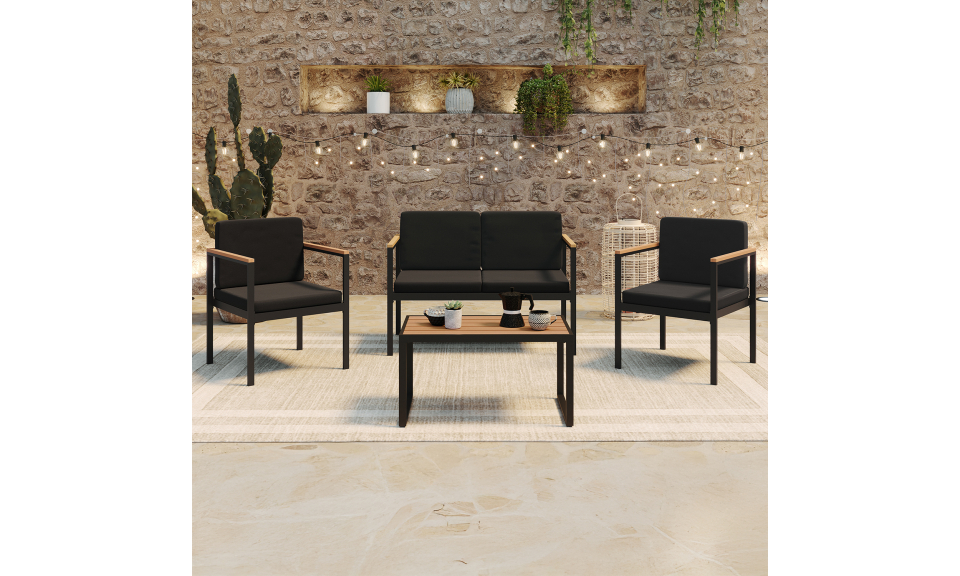 Salon de jardin Pemba 4 places bois et noir