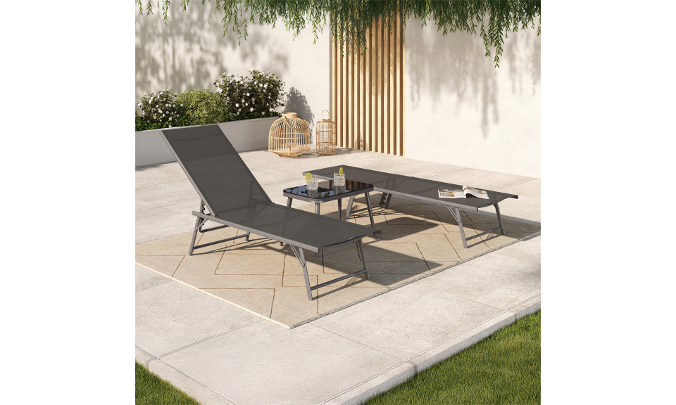 Transats inclinables Malaga 4 positions en textilène gris - lot de 2