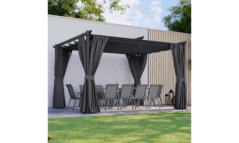 Pergola Marina 3x4m toit rétractable + 4 rideaux moustiquaires
