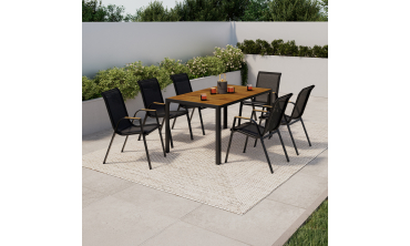 Ensemble repas Timbia 6 places verre trempé effet bois