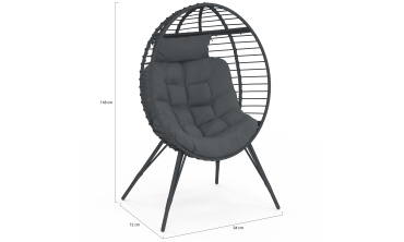 Fauteuil œuf sur pied effet rotin gris avec coussin