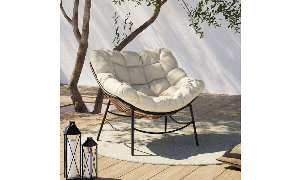 Fauteuil de jardin Lois rotin et coussin écru