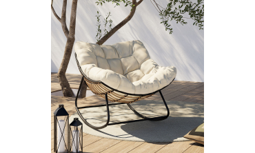 Fauteuil de jardin à bascule Lois rotin et coussin écru