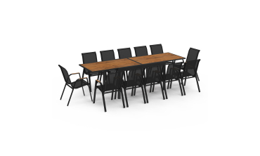Ensemble repas extensible Timbia 12 places noir et verre trempé effet bois