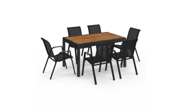 Ensemble repas extensible Timbia 12 places noir et verre trempé effet bois