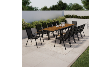 Ensemble repas extensible Timbia 12 places noir et verre trempé effet bois