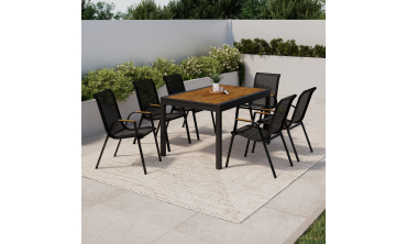 Ensemble repas extensible Timbia 12 places noir et verre trempé effet bois