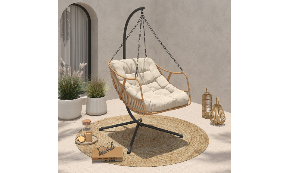 Fauteuil de jardin suspendu Lois effet rotin et coussin écru