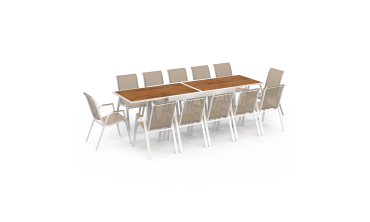 Ensemble repas extensible Timbia 12 places blanc verre trempé effet bois