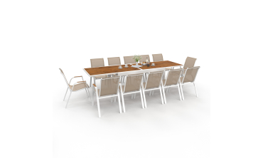 Ensemble repas extensible Timbia 12 places blanc verre trempé effet bois