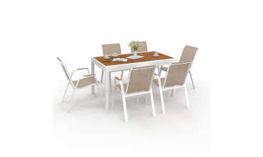 Ensemble repas extensible Timbia 12 places blanc verre trempé effet bois