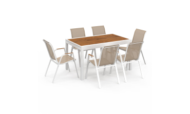 Ensemble repas extensible Timbia 12 places blanc verre trempé effet bois