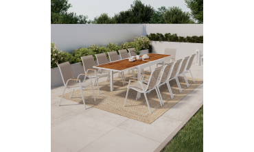 Ensemble repas extensible Timbia 12 places blanc verre trempé effet bois