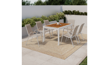 Ensemble repas extensible Timbia 12 places blanc verre trempé effet bois