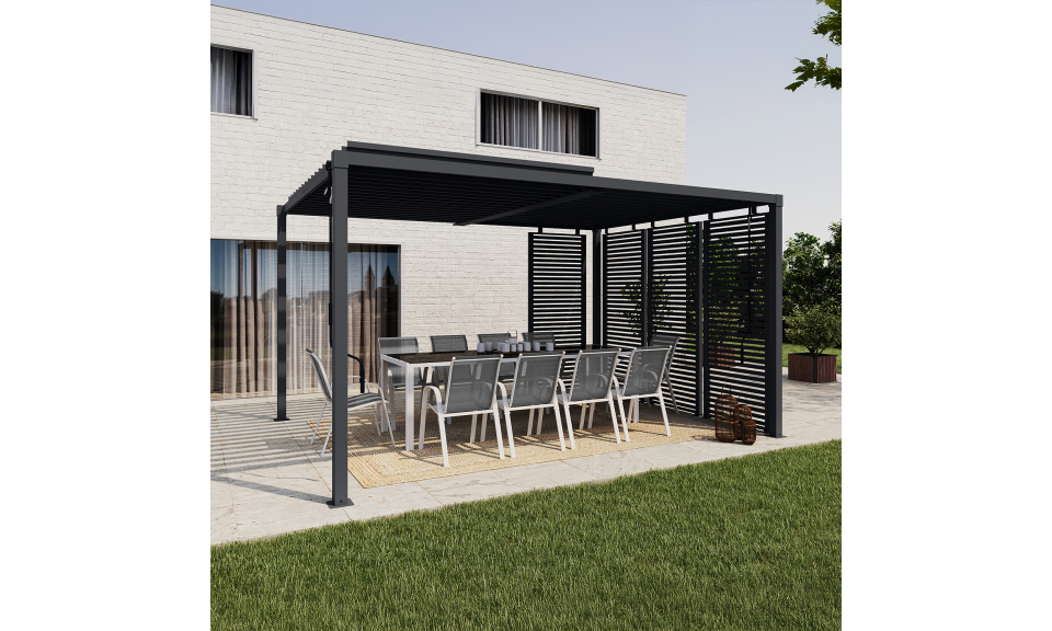 Pergola bioclimatique 3x4m lames orientables + 4 persiennes