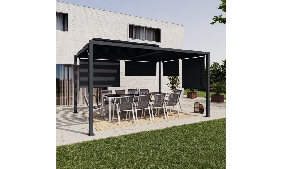 Pergola bioclimatique 3x4m lames orientables + 4 stores