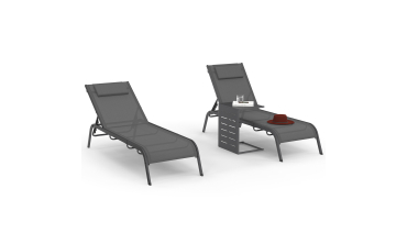 Transats inclinables Mindoro 5 positions avec table d'appoint - lot de 2