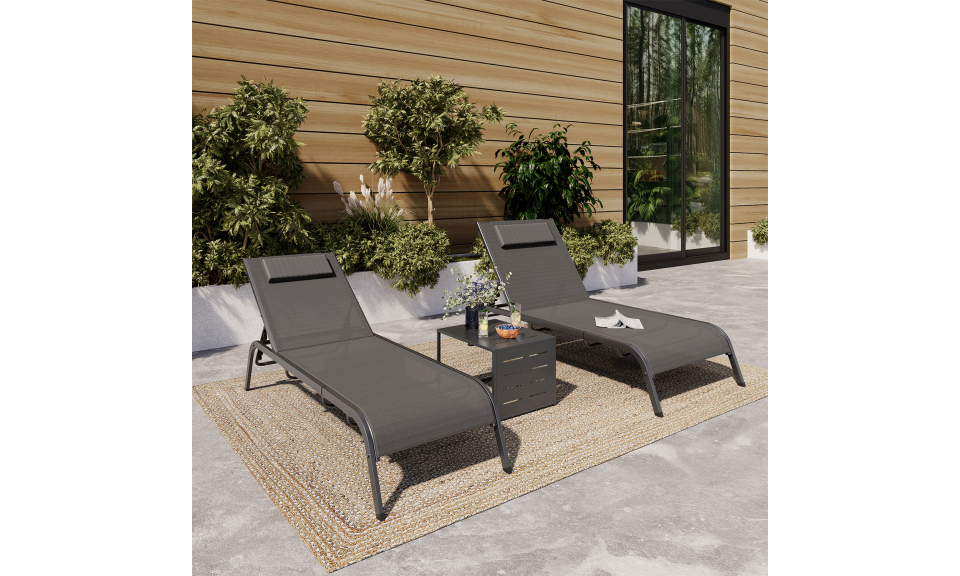 Transats inclinables Mindoro 5 positions avec table d'appoint - lot de 2