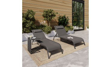 Transats inclinables Mindoro 5 positions avec table d'appoint - lot de 2