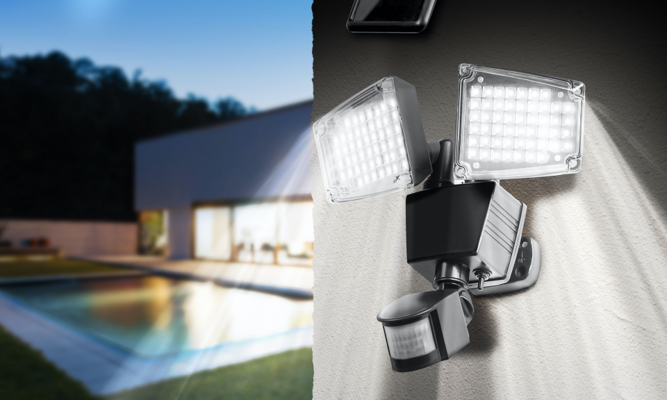 Double projecteur LED solaire, autonomie 8h, protection IP44, 450 lum